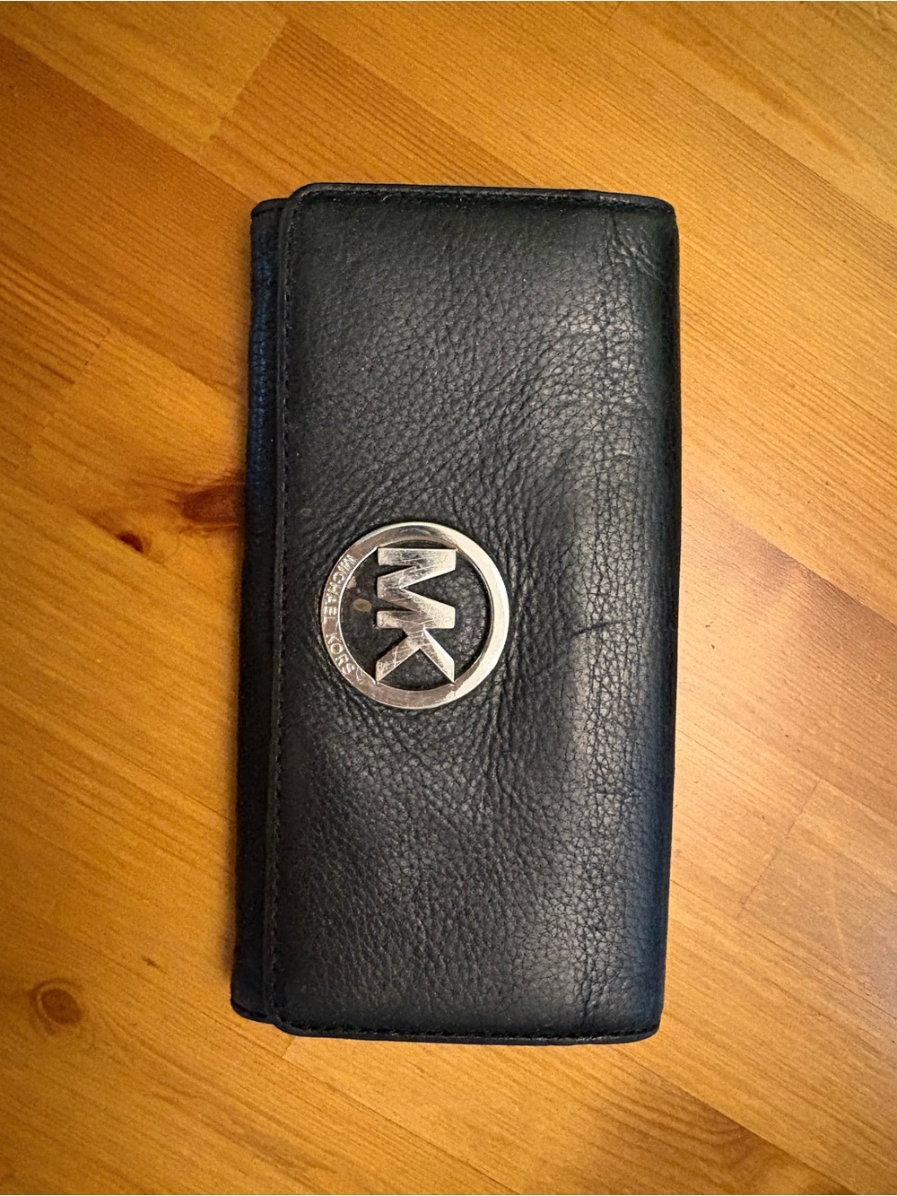 Michael Kors Black Leather Continental Wallet with Silver MK Logo